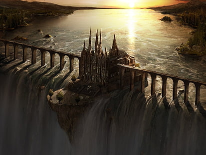 średniowieczny zamek sztuka cyfrowa, sztuka fantasy, wodospad, zamek, most, zachód słońca, grafika koncepcyjna, grafika, Tapety HD HD wallpaper