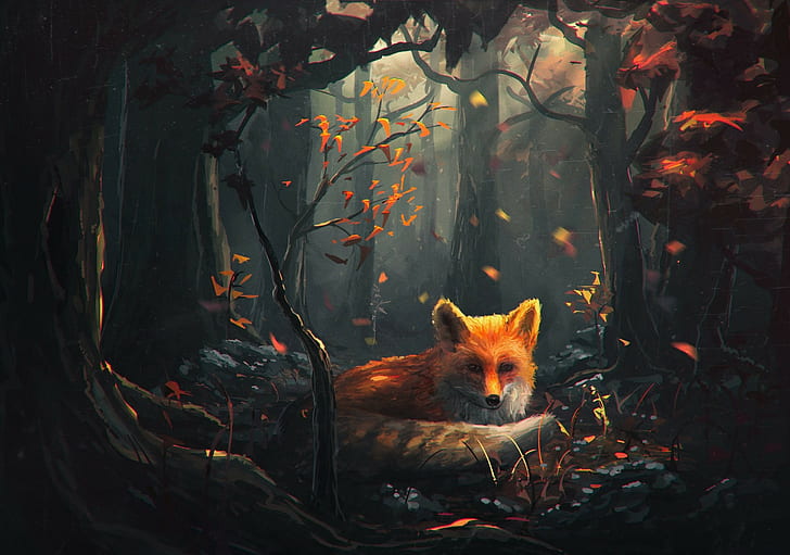 forest, fall, Sylar, fantasy art, fox, animals, HD wallpaper