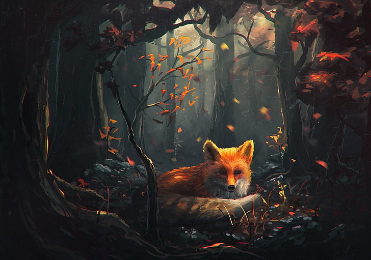 renard sur peinture de forêt, illustration de renard brun, renard, forêt, automne, art fantastique, animaux, Sylar, Fond d'écran HD