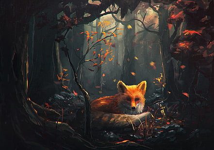 renard sur peinture de forêt, illustration de renard brun, renard, forêt, automne, art fantastique, animaux, Sylar, Fond d'écran HD HD wallpaper