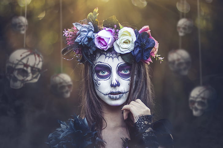 Artistic, Sugar Skull, Blue Eyes, Face, Flower, Girl, Makeup, Skull, Woman, Wreath, HD wallpaper