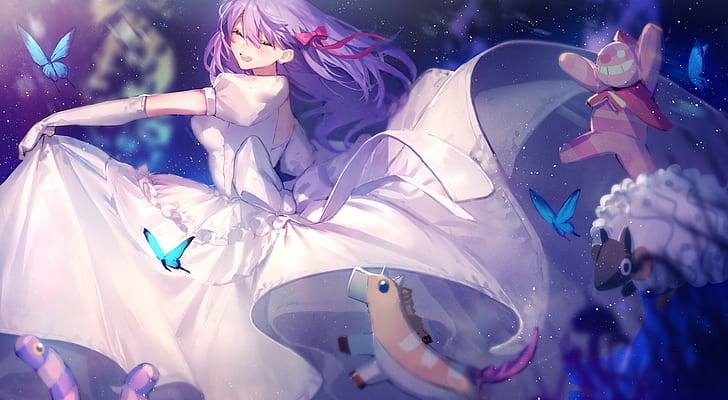 Серия Fate, Fate / Stay Night, рок / ночь пребывания: ощущение небес, аниме девушки, лиловые волосы, Matou Sakura, белое платье, HD обои