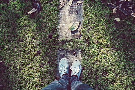 обувки, трева, листа, обувки, маратонки, микробуси, HD тапет HD wallpaper