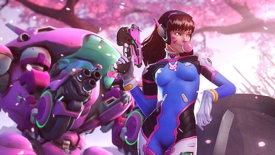 Personaje de anime femenino con ilustración de pistola, Overwatch, videojuegos, D.Va (Overwatch), Fondo de pantalla HD HD wallpaper