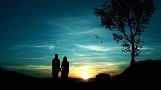 Romantischer Abend, Paare, Bäume, Vögel, Sonnenuntergang, Silhouette, Romantisch, Abend, Paare, Bäume, Vögel, Sonnenuntergang, Silhouette, HD-Hintergrundbild HD wallpaper