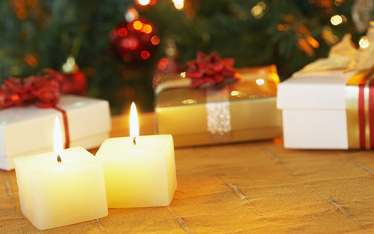 two white candles, macro, fire, flame, holiday, new year, candles, gifts, bows, ribbons, box, packaging, HD wallpaper