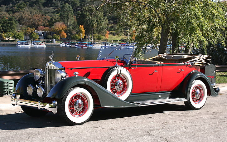 Packard, реколта, червено, кола, превозно средство, олдтаймер, лодка, дървета, вода, HD тапет