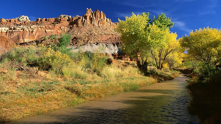 Capitol Reef National Park, green trees, nature, 1920x1080, river, national park, utah, capitol reef, mont, HD wallpaper