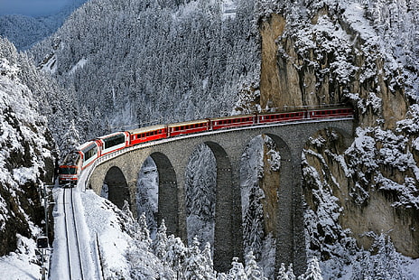 Switzerland, bridge, tunnel, winter, trees, train, railway, forest, snow, mountains, HD wallpaper HD wallpaper