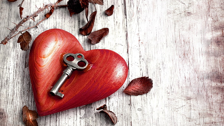 silver skeleton key and red heart, love, heart, HD wallpaper