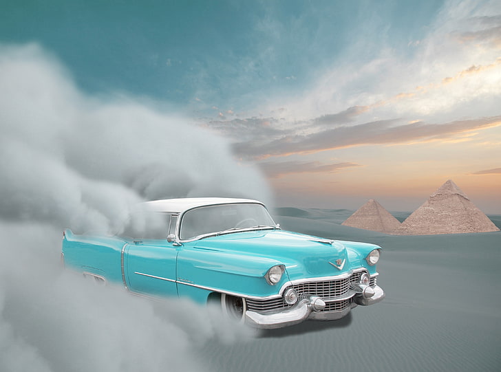 Car Cadillac Desert Sand Sandstorm Sunset, blue coupe, Aero, Creative, car, cadillac, desert, sand, sandstorm, sunset, HD wallpaper