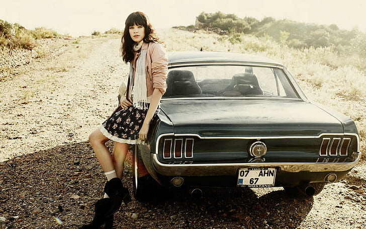 Vintage Girl, ford, girl, vintage, mustang, gravel, style, rear view, road, 1967, brunette, cars, HD wallpaper
