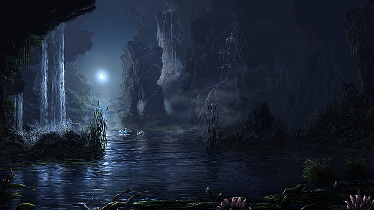 body of water illustration, rock mountain surrounded by body of water, dark, fantasy art, HD wallpaper