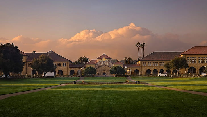 Stanford University HD, clouds, grass, green, hdr, stanford, university, yellow, HD wallpaper