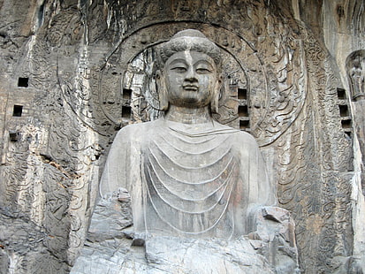 Gautama Buddha staty, longman grottor, sten, staty, droppar, HD tapet HD wallpaper