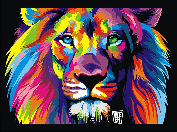 lion painting, colorful, black background, animals, artwork, digital art, lion, HD wallpaper