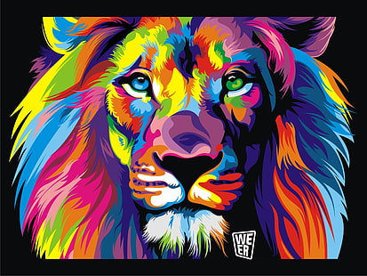 lion painting, colorful, black background, animals, artwork, digital art, lion, HD wallpaper HD wallpaper