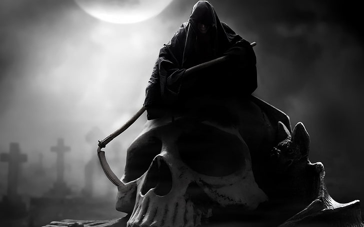 close up photo of human skull under grin reaper, death, artwork, digital art, drawing, skull, Grim Reaper, scythe, cross, grave, creature, smiling, HD wallpaper