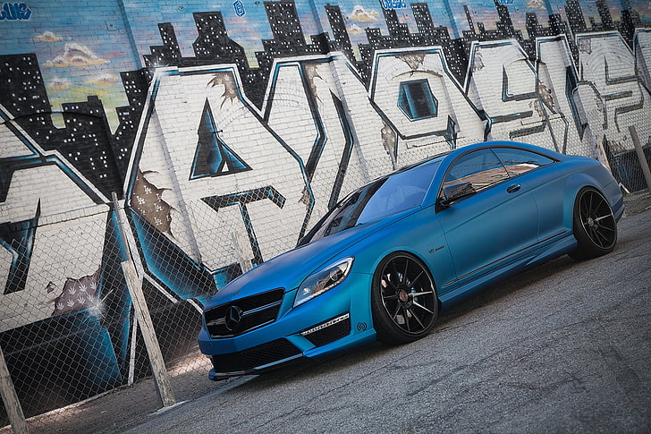 Coupe bleue Mercedes-Benz, Mercedes-Benz, Auto, La clôture, Mur, Mise au point, Maille, Graffiti, Machine, Fond d'écran HD