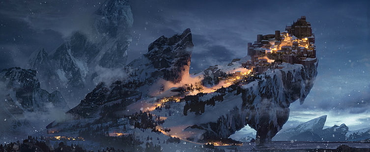 село на върха на планински тапет, нощ, светлини, изкуство, зимна крепост, HD тапет HD wallpaper