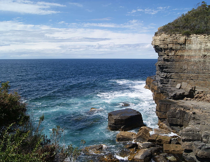 cliff, coast, coastline, landmark, landscape, ocean, panorama, rock, scenic, sea, tasman blowhole, HD wallpaper