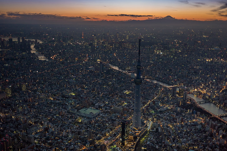 CN Tower, notte, la città, Tokyo Skytree, Tokyo Tower and Mount, Sumida River, Sfondo HD