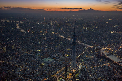 Torre da CN, noite, a cidade, Tokyo Skytree, torre e monte de Tóquio, rio Sumida, HD papel de parede HD wallpaper