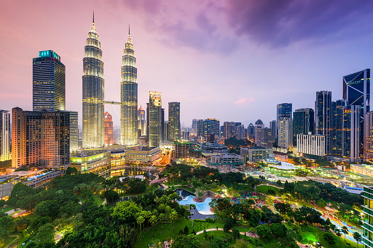 ペトロナスタワー、マレーシア、夜、高層ビル、メガポリス、マレーシア、クアラルンプール、 HDデスクトップの壁紙
