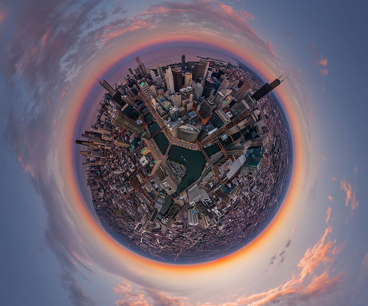 рыбий глаз фото города, чикаго, панорамный шар, HD обои
