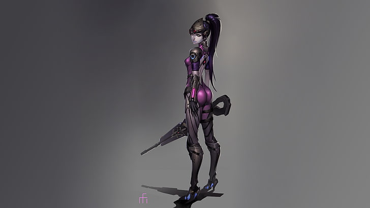 ilustrasi wanita berambut hitam, Widowmaker (Overwatch), Overwatch, video game, latar belakang abu-abu, Wallpaper HD