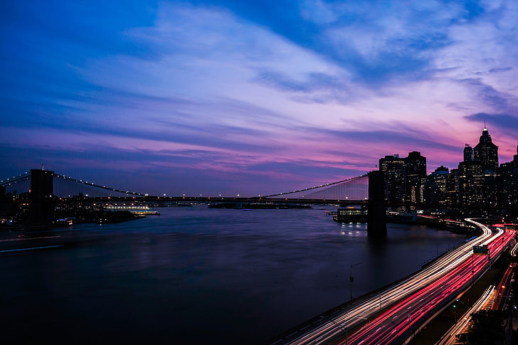 time-lapse photography road light, new york, usa, night, night city, road, buildings, HD wallpaper