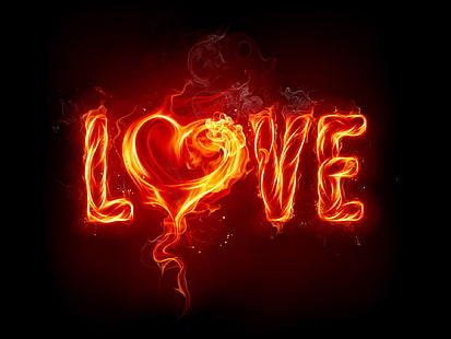 사랑 텍스트 오버레이, 화재, 사랑, 심장, 타이포그래피와 검은 배경, HD 배경 화면 HD wallpaper