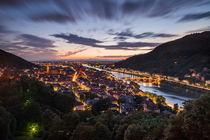 kota, lampu, malam, Jerman, Heidelberg, Wallpaper HD