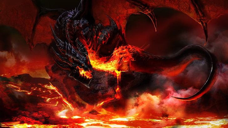 black and red dragon illustration, dragon, fire, Dragon Wings, wings, fantasy art, World of Warcraft, video games, Deathwing, HD wallpaper