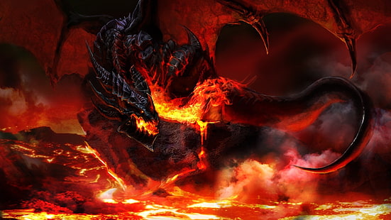 ilustracja czarnego i czerwonego smoka, smok, ogień, skrzydła smoka, skrzydła, fantasy art, World of Warcraft, gry wideo, Deathwing, Tapety HD HD wallpaper