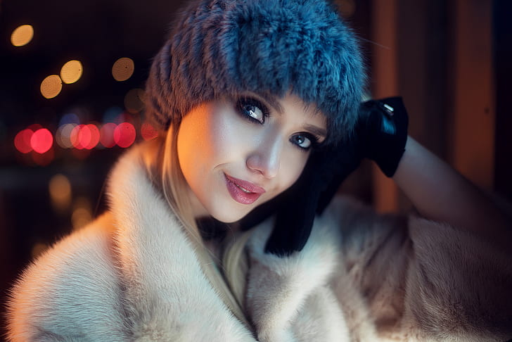 mujer, modelo, retrato, maquillaje, cara, Ivan Gorokhov, guantes negros, abrigos de pieles, Fondo de pantalla HD