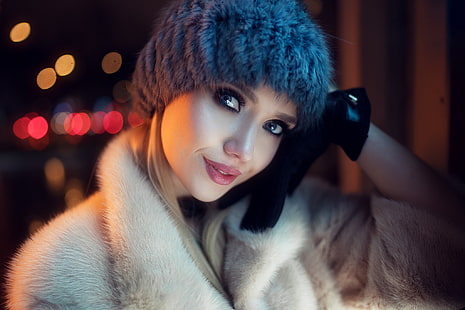 femmes, modèle, portrait, maquillage, visage, Ivan Gorokhov, gants noirs, manteaux de fourrure, Fond d'écran HD HD wallpaper