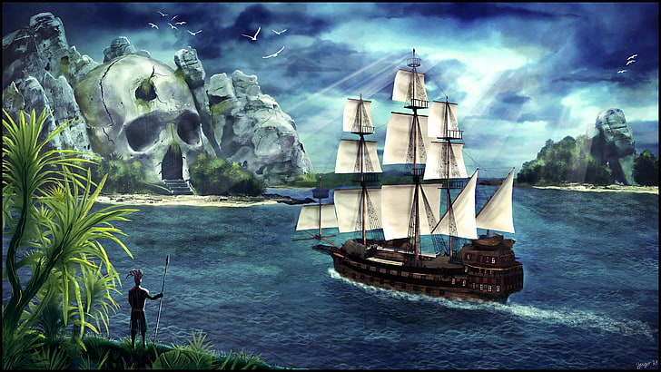 black and white clipper boat painting, Fantasy, Ship, HD wallpaper