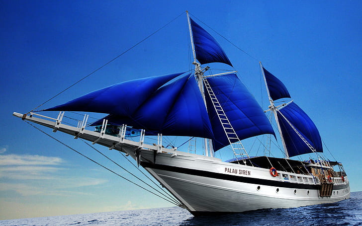 Palau Siren Boat, yacht bianco e blu, vela, mare, lusso, Sfondo HD