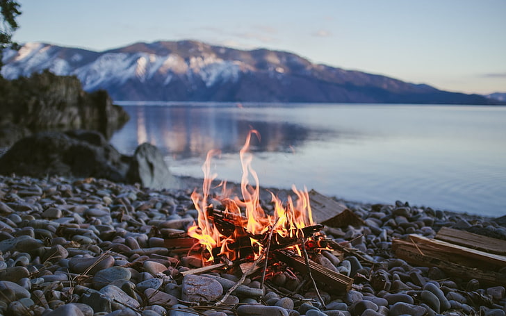 костер, природа, озеро, огонь, HD обои