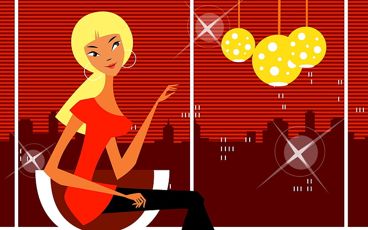 женщина в красной рубашке сидит на стуле цифровые обои, девушка, стул, лампа, сидит, окно, HD обои