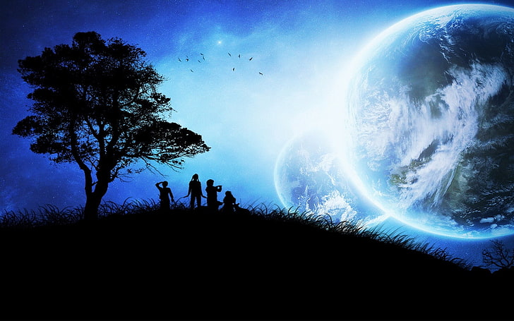cztery osoby stojące na trawie przed planetami, cyfrowa tapeta, dzieci, drzewo, sylwetki, planety, ptaki, Tapety HD