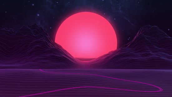 красная луна и холм цифровые обои, цифровое искусство, произведение искусства, солнце, 3D, компьютерная графика, векторное искусство, горы, небо, природа, звезды, линии, светящиеся, розовый, фиолетовый, HD обои HD wallpaper