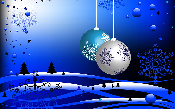 Яркое и яркое Рождество HD, две синие и белые безделушки, иллюстрация, рождество, яркое, усиление, сияющее, HD обои