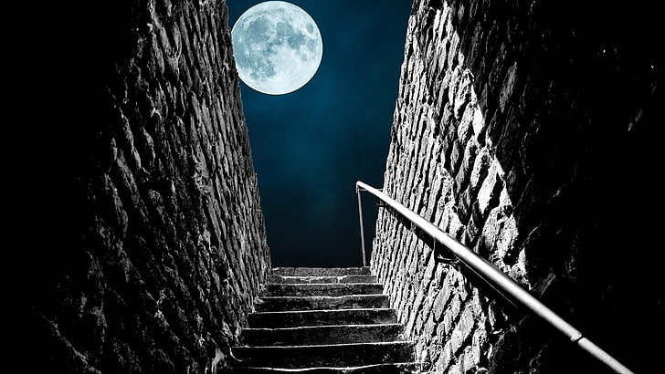 luna piena, cielo notturno, scale, muro, mattone, notte, oscurità, chiaro di luna, luna, cielo, luce, fotografia, oggetto astronomico, chiaro di luna, mezzanotte, Sfondo HD