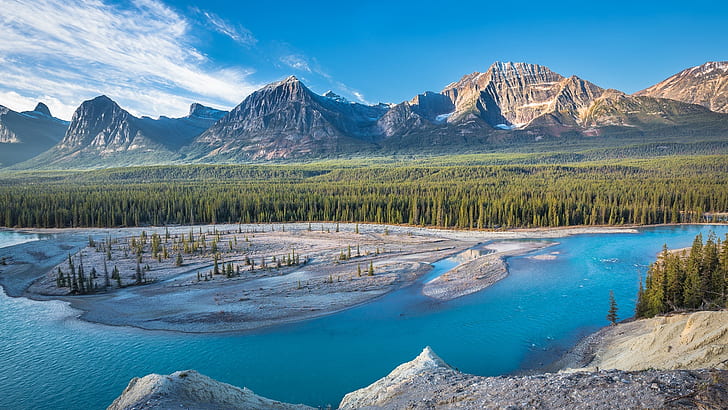 athabasca river, wilderness, mountain, canada, river, alberta, jasper national park, national park, mountain range, HD wallpaper