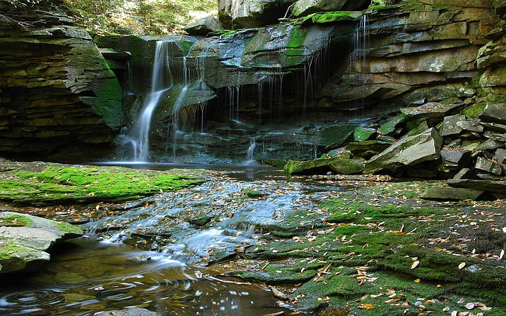 cachoeiras, natureza, verde, água, musgo, rocha, HD papel de parede
