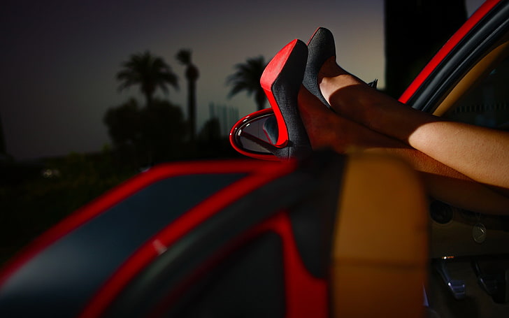 pair of women's black heels shoes, women, model, legs, high heels, stiletto, car, car interior, black heels, palm trees, evening, depth of field, Louboutin, HD wallpaper