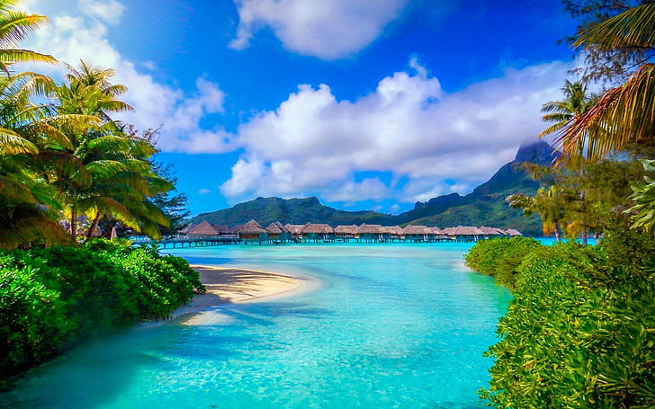 bora bora polinesia francese natura paesaggio spiaggia mare palme isola resort estate montagna tropicale, Sfondo HD