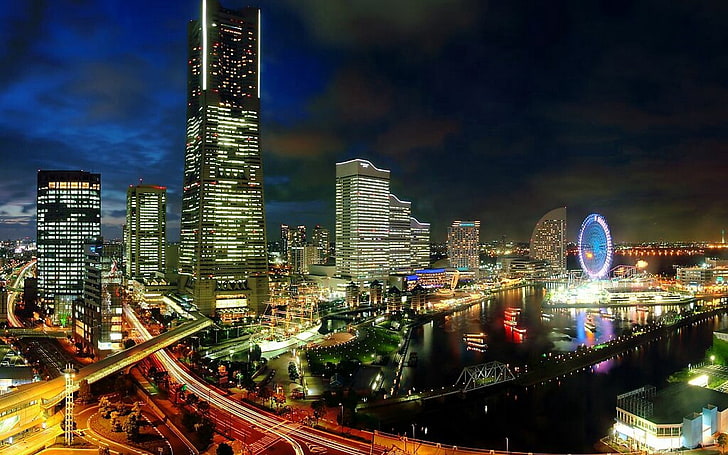 Singapore skyline wallpaper, japan, yokohama, evening, metropolis, development, city lights, HD wallpaper